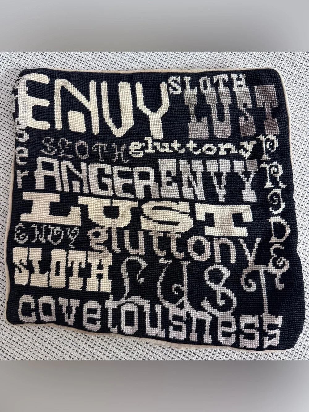 Jonathan Adler Seven Deadly Sin Needlepoint Wool & Velvet Pillow Cover